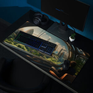 פד מחשב גדול נוף עיר עתידנית וירוקה