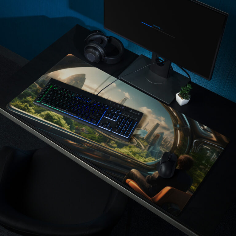 פד מחשב גדול נוף עיר עתידנית וירוקה