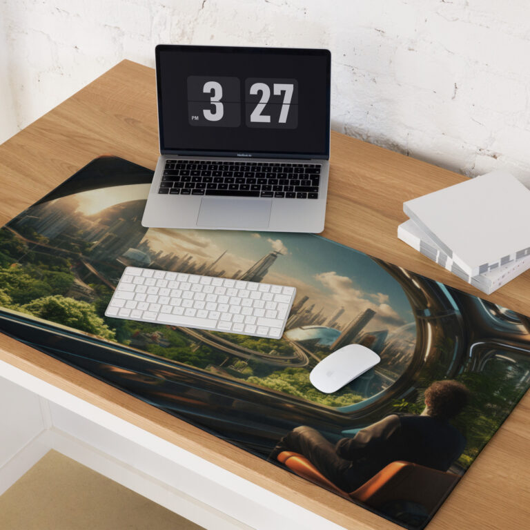 פד מחשב גדול נוף עיר עתידנית וירוקה