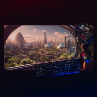 פד מחשב גדול נוף עיר עתידנית וירוקה