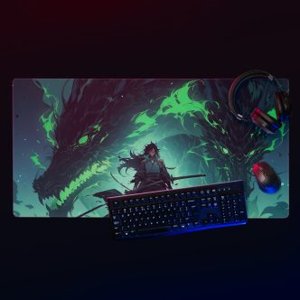 תמונת מוצר ראשית פד גיימינג ענק 90x40 ס"מ, איור אנימה דרקונים בסגול וכחול, משטח לעכבר ומקלדת